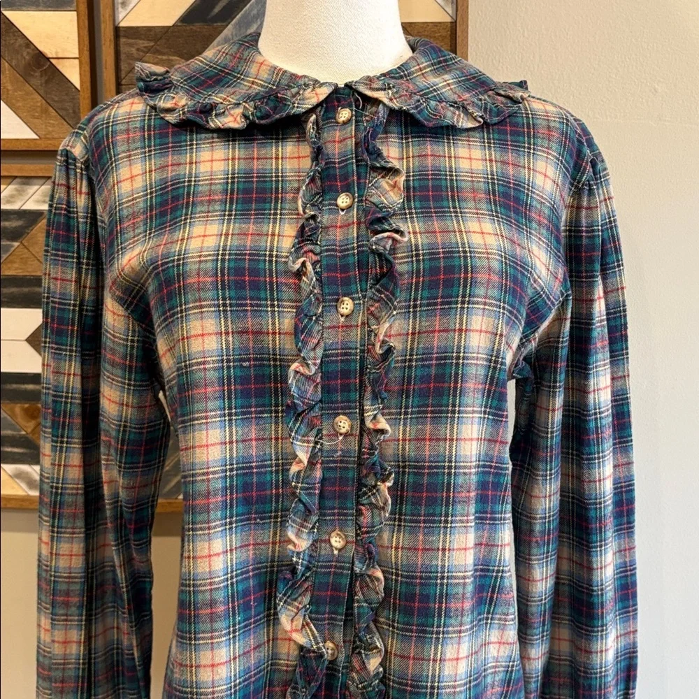 Vintage Ralph Lauren Plaid Cotton Flannel Button-Down Ruffle Blouse size 10 - Picture 3 of 11